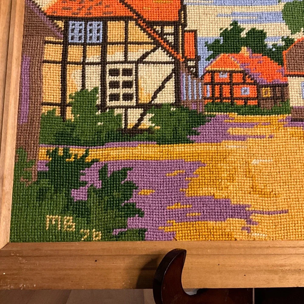 Vintage 1976 Framed Bucilla‎ Needlepoint Tapestry Village Folk Art Cottagecore